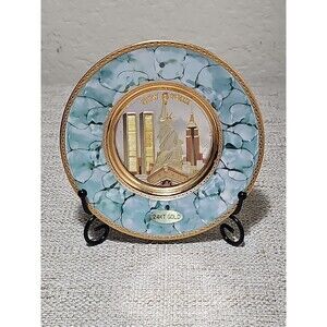 Art of Chokin Mini Souvenir 6" Plate 24kt gold trim NEW YORK Twin Towers Statue